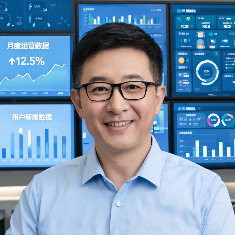 数据总监李明，佩戴眼镜，笑容亲切，背景为数据屏幕